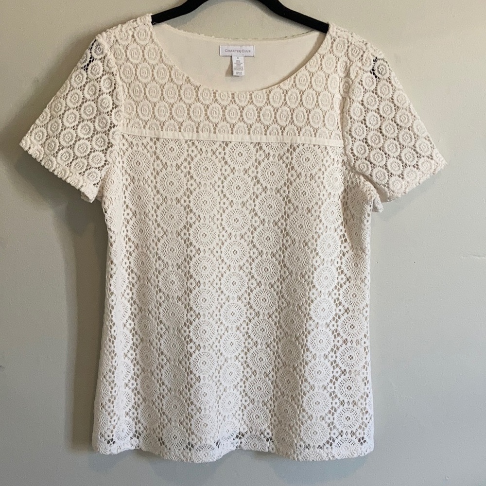 Charter Club Cream Crochet Short Sleeve Tee